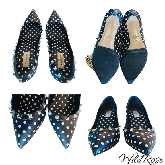 VALENTINO GARAVANI BLACK & WHITE POLKADOT ROCKSTUD POINTY TOE HEELS SZ 40 - Picture 15 of 17